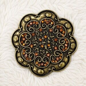 Vintage Western Rhinestone Concho Belt Buckle Bronze Tone Round Floral Scroll